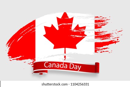 Happy Canada Day, july 1 holiday celebrate card. Maple leaf on flag made in brush stroke background. Vector Illustration. First day of July a Public Holiday by the name of Dominion Day