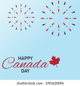 Happy Canada Day. July 1. Abstract blue background with fireworks, text and red maple leaf. Concept background for brochures, templates, posters, banners and greeting cards design. Vector illustration