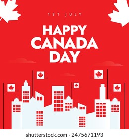 Happy Canada day. July 1st National day Canada celebration, wishing banner with silhouette white maple leaf and buildings on bright red background. The day is celebrated for three provinces become one