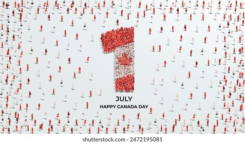 Feliz Día de Canadá. Un Grande grupo de personas se forma para crear el número 1 mientras Canadá celebra su Día de Canadá el 1 de julio. Ilustración vectorial.