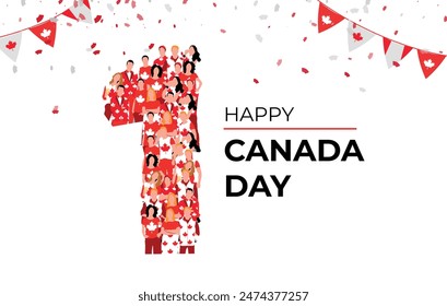 Happy Canada day. A large group of people form to create the number 1 as Canada day is celebrated on the 1st of July. Confetti falling background Vector illustration.
