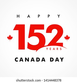 Happy Canada Day with lettering 152 years and maple leaf. Logotype of 1st of July as a numbers isolated graphic design template. I love Canada, t-shirt print idea. Vector illustration 