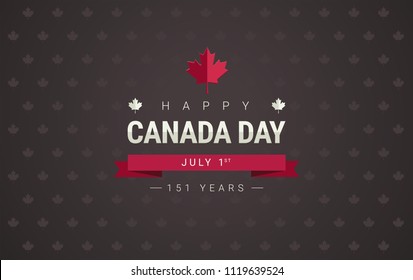 Happy Canada Day lettering greeting card with red maple leaf - vector illustration