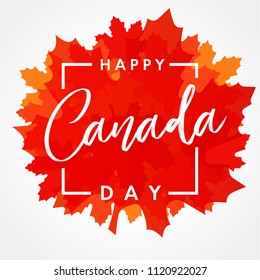 Happy Canada Day lettering on maple leaf banner. Canada Day, national holiday 1st of july with vector text on red maple leaf. Celebrating Canadian anniversary of independence of 1867 years