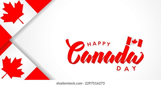 Happy Canada day lettering poster with flags. Vector typography illustration for Happy Canada Day with red maple leaf on flag