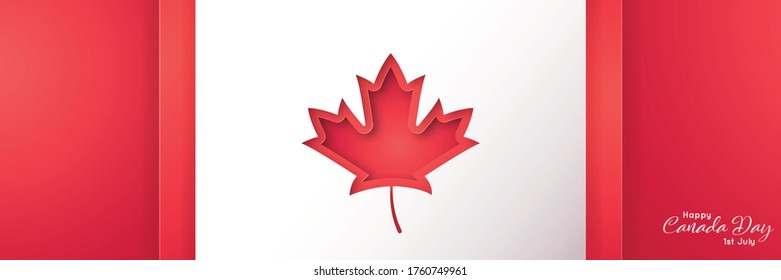 Happy Canada Day long horizontal banner in paper art style. Red Canadian maple leaf shape. Vector background.