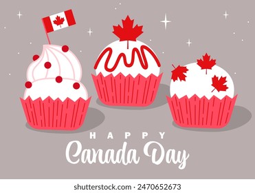 Happy Canada day. Muffin with maple leaves. Holiday ice cream party. Canada Day and Dominion Day celebration cupcake, fairy cake, bun, small cake