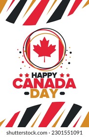 Feliz Día de Canadá. Fiesta nacional, celebrada anualmente el 1 de julio. Bandera canadiense. Hoja de arce. Símbolo patriótico y elementos. Cartel, tarjeta, cartel y fondo. Ilustración del vector