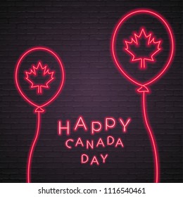 Happy Canada Day Neon Light Glowing Vector Illustration Bright with Dark Background