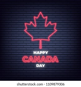 Happy Canada Day. Neon Canada typography sign with maple leaf