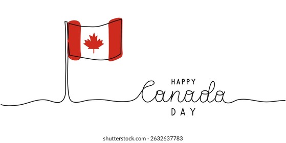 Happy Canada day one line art background with flag and maple leaf. Editable stroke hand drawn lettering. Text banner template. Outline drawing with typography.