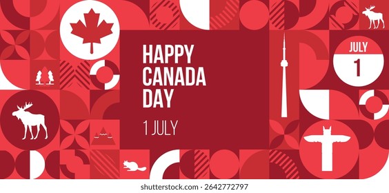Happy Canada day pattern Design. 1st July National Canada day design with maple leaf, tower, moose, pine tree, beaver icons. Celebration banner design. Vector illustration. 