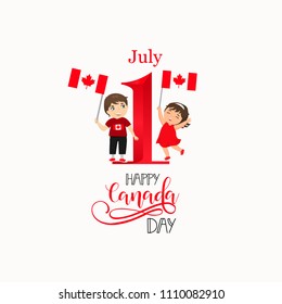 Happy Canada Day poster. 1st july. Vector illustration greeting card. kids logo. Children of different races and different hairstyles celebrate Canada day