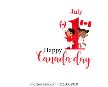 Happy Canada Day poster. 1st july. Vector illustration greeting card. kids logo. Children of different races and different hairstyles celebrate Canada day