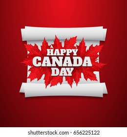 Happy Canada Day poster. 1st july. Vector illustration greeting card with scroll. Canada Maple leaves on red background