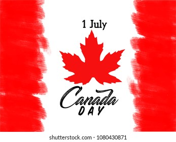Happy Canada Day poster. Canadian flag greeting card with,  Canada Maple leaf on white background