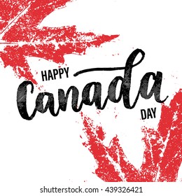 Happy Canada Day poster. Canadian flag vector illustration greeting card with hand drawn calligraphy lettering. Canada Maple leaf on red background wallpaper.