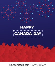 Happy Canada day poster with fireworks and maple leaf isolated on blue gradient background.