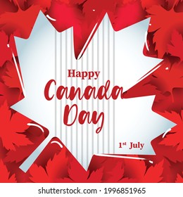 Happy Canada day poster. Grey color maple leaf illustrate on the red color maple leaves background. Canada day calligraphic lettering on maple leaf