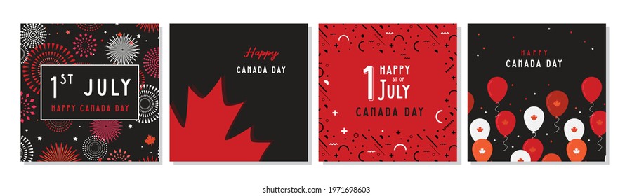 Happy Canada Day poster and web template set. 1st july. Vector illustration greeting cards. Canada Maple leaves and flags, independence day celebration