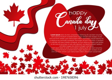 Happy Canada Day with red maple leaf and with a cutout paper effect background.  Vector typography for greeting cards, decorations, and covers. Happy Canada Day concept.