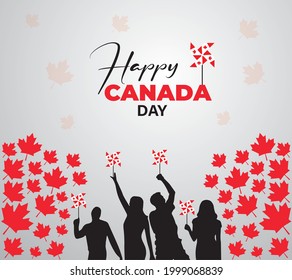  Happy Canada Day. Red maple leaf background illustration vector. Unique typography greeting card, decoration. Banner Canada Day first 1st July Holiday icon symbol logos.