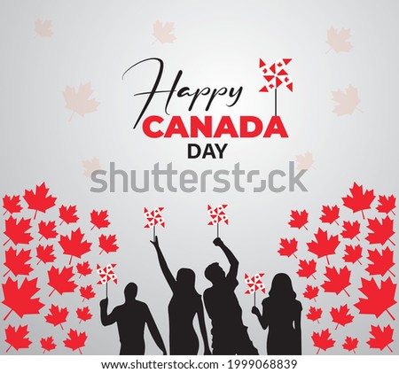 Happy Canada Day. Red maple leaf background illustration vector. Unique typography greeting card, decoration. Banner Canada Day first 1st July Holiday icon symbol logos.