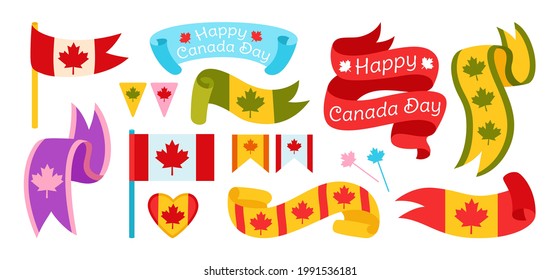 Happy Canada Day ribbon bright color flat set. Flag and strip tape, patriotism heart, multicolour label, pennant garland. Canadian patriotic design celebration kit. National symbol Isolated vector