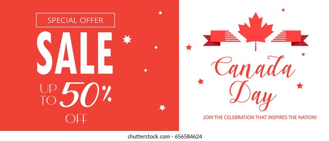 Happy Canada Day! Sale banner, gift card, voucher flyer lettering, stars, maple leaf logo red color of the Canadian flag. Canada day promo banner, Advertising Holiday celebration, vector 2023 template