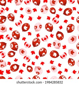 Happy Canada day. Seamless pattern with maple leaf, decorative heart, red and white balloons. Vector illustration isolated on white background. Seamless background.