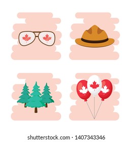 happy canada day set glasses hat trees and balloons vector illustration