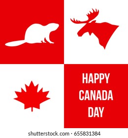 Happy Canada Day. Silhouettes of Canadian symbols: moose, beaver, maple leaf. Vector illustration