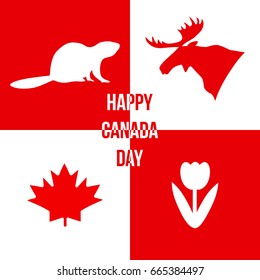 Happy Canada Day. Silhouettes of Canadian symbols: moose, beaver, maple leaf, tulip. Vector illustration