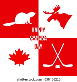 Happy Canada Day. Silhouettes of the symbols of Canada: moose, beaver, maple leaf, hockey puck, hockey stick. Vector illustration