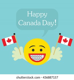 Happy Canada Day! smiley face icon with big smile and orthodontics teeth, hands holding Canada flags, and speech bubble