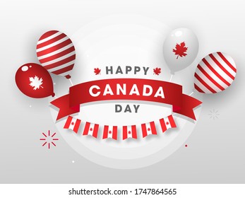 Happy Canada Day Text with Canadian National Color Balloons and Bunting Flags on Glossy White Background.