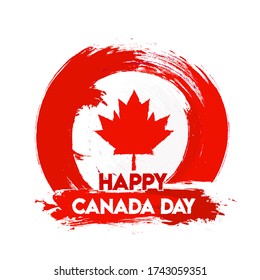 Happy Canada Day Text with Maple Leaf and Red Brush Stroke Effect on White Background.