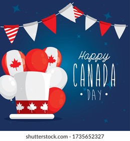 happy canada day with top hat and decoration vector illustration design