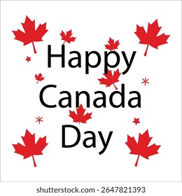 Happy Canada Day Typography with Scattered Red Maple Leaves – Festive National Holiday Design for Patriotic Posters, Social Media, and Celebration Graphics