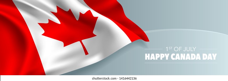 Happy Canada day vector banner, greeting card. Canadian wavy flag in 1st of July national patriotic holiday horizontal design 