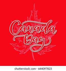 Happy Canada day vector card. Handwritten lettering with maple. Calligraphy sticker. Great for banner, poster, sale, card