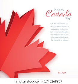 Happy Canada Day vector design. Greeting card with red canada maple leaf in paper art style. 1th of July celebration banner.