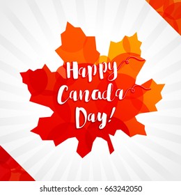 Happy Canada Day vector greetings. Canadian flag elements and colors, Maple leaf, white background, light stripes. National traditional holiday first of July celebrating sign. Price or % off icon.