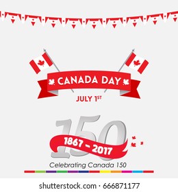 Happy canada day vector greetings illustration for banners and backgrounds. 150 years of canadian independence day creative typography text effects.