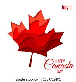 Happy Canada Day vector holiday poster with red paper cut canada maple leaf. 1th of July celebration background