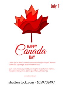 Happy Canada Day vector holiday poster with red paper cut canada maple leaf. 1th of July celebration background