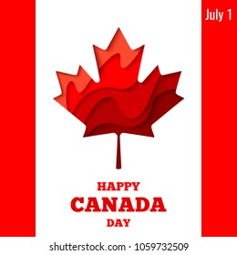 Happy Canada Day vector holiday poster with red paper cut canada maple leaf. 1th of July celebration Canada flag background