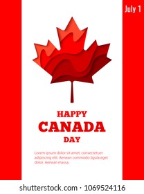 Happy Canada Day vector holiday poster with red paper cut canada maple leaf. 1th of July celebration banner on Canada flag background