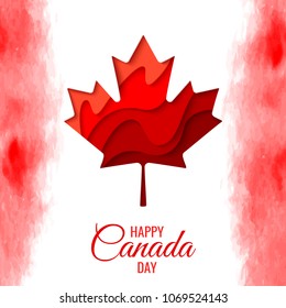 Happy Canada Day vector holiday poster with red paper cut canada maple leaf. 1th of July celebration background with watercolor Canada flag