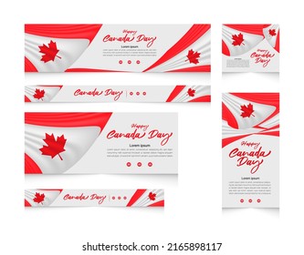 Happy Canada Day vector holiday web Banner set with flag waving and white color background design